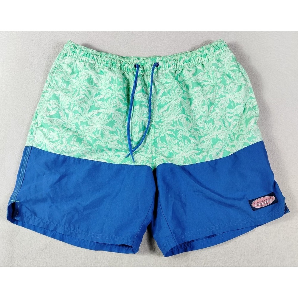 Vineyard Vines Swim Trunks Mens Medium Blue Palm Print Colorblock Mesh Lined